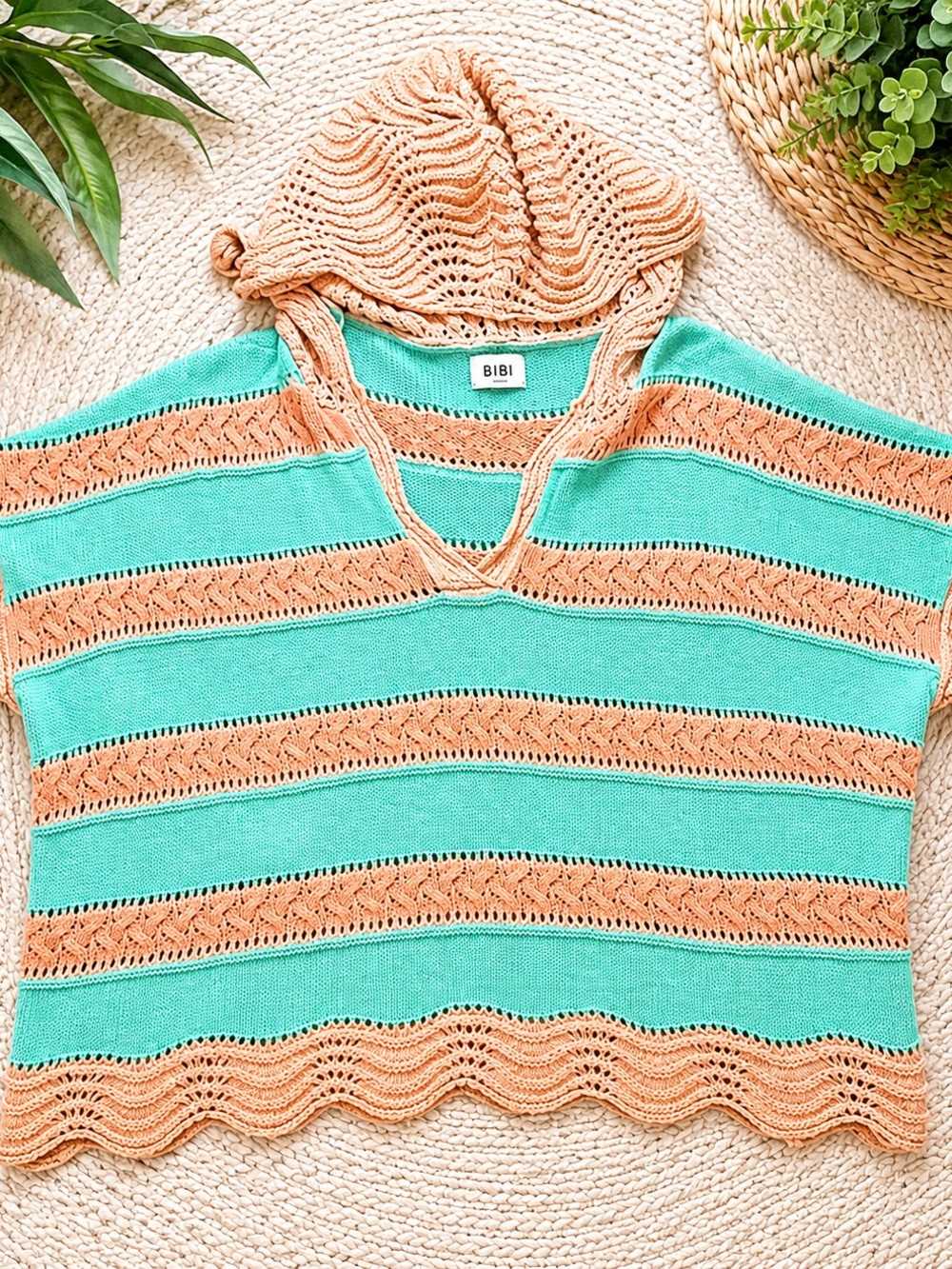 BiBi Mint & Tan Striped Crochet Hooded Sweater Top | Beachy Boho | Size XL